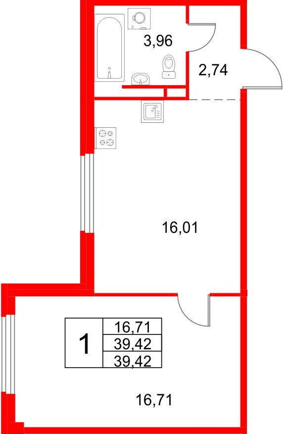 Квартира в ЖК Кронфорт, 1 комнатная, 39.42 м², 1 этаж