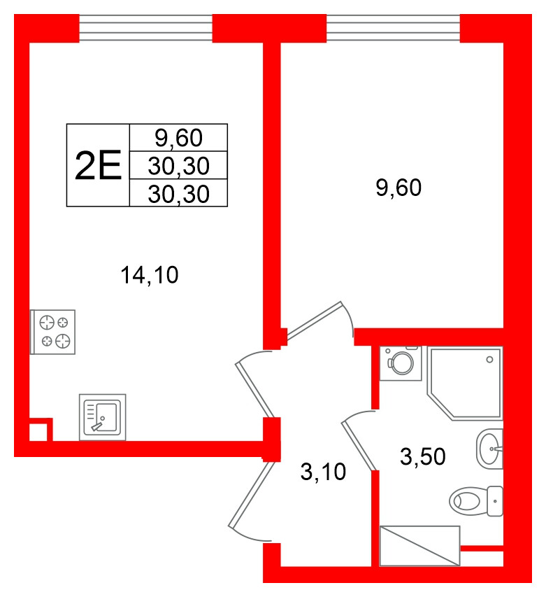 Квартира в ЖК «Ручьи–2», 1 комнатная, 30.3 м², 12 этаж