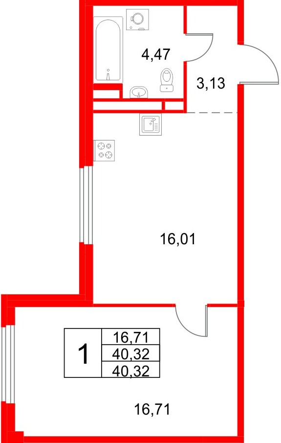 Квартира в ЖК Кронфорт, 1 комнатная, 40.32 м², 4 этаж