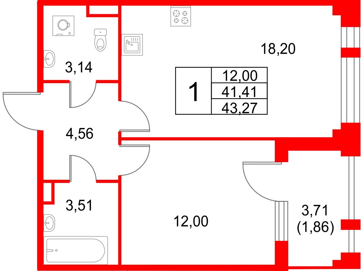 Квартира в ЖК Кронфорт, 1 комнатная, 43.27 м², 1 этаж
