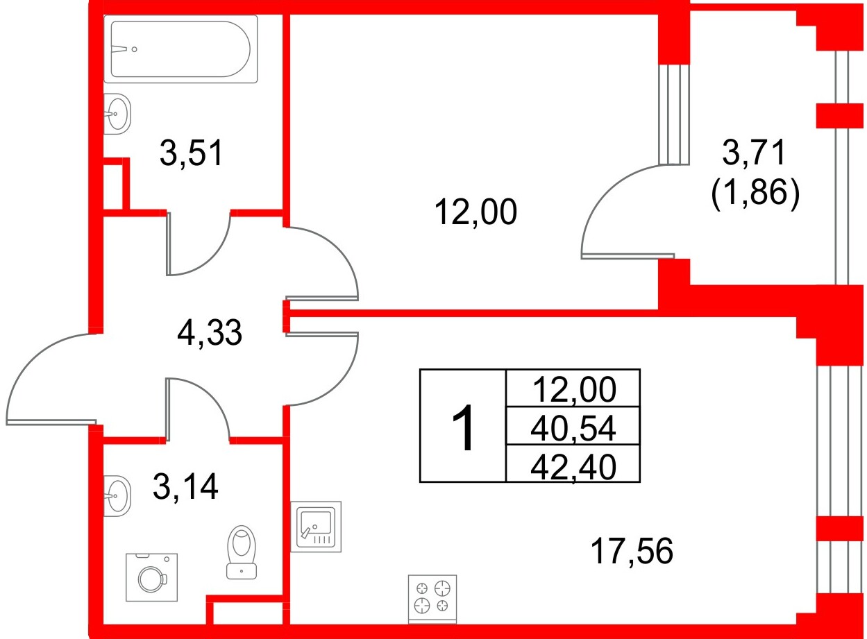Квартира в ЖК Кронфорт, 1 комнатная, 42.4 м², 1 этаж