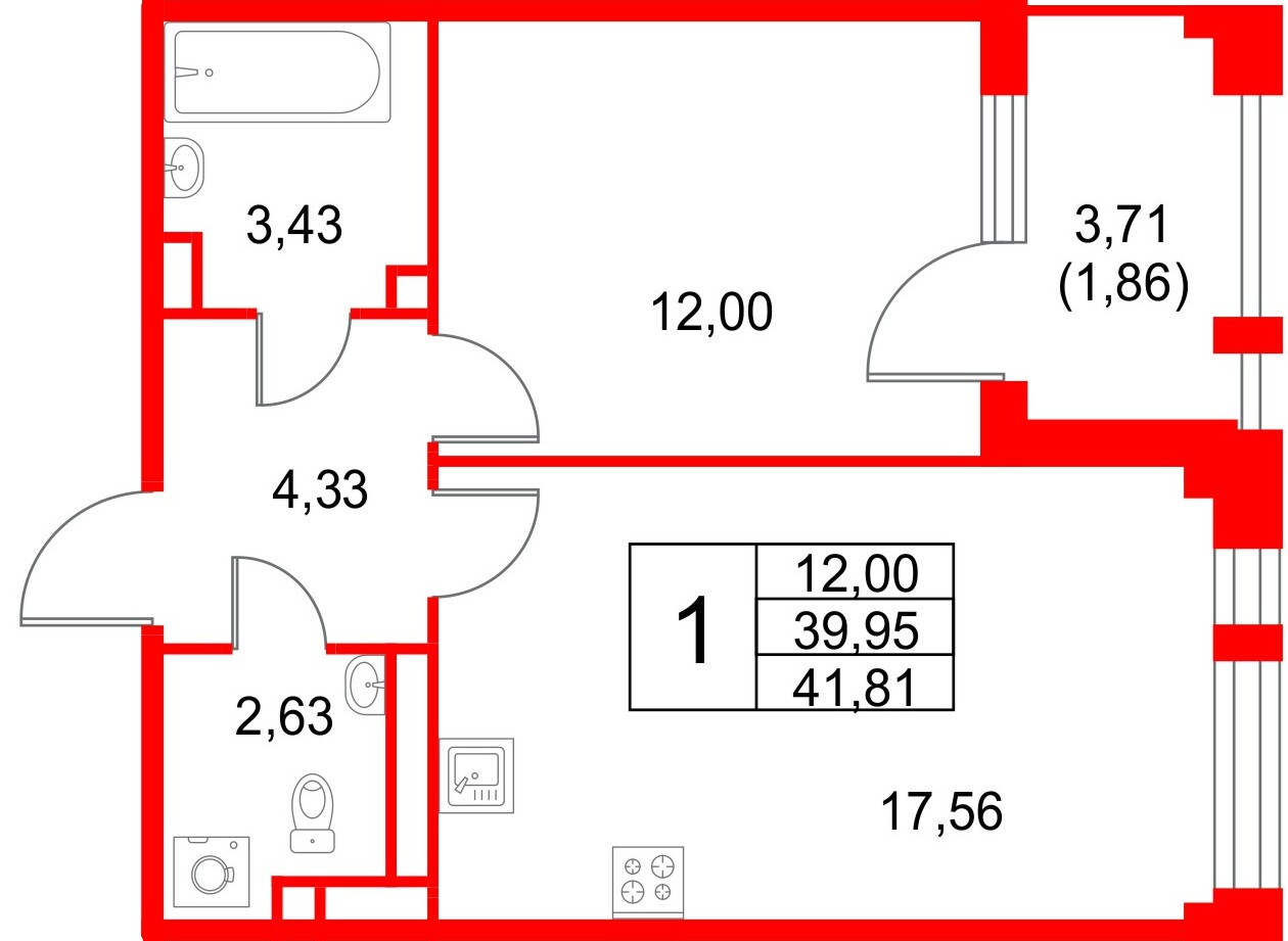 Квартира в ЖК Кронфорт, 1 комнатная, 41.81 м², 2 этаж