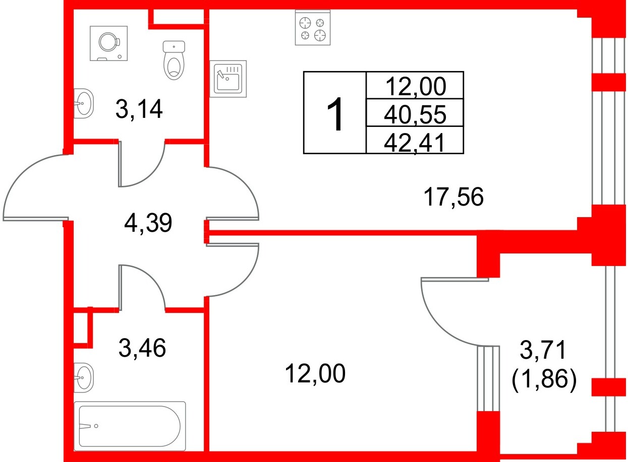 Квартира в ЖК Кронфорт, 1 комнатная, 42.41 м², 1 этаж