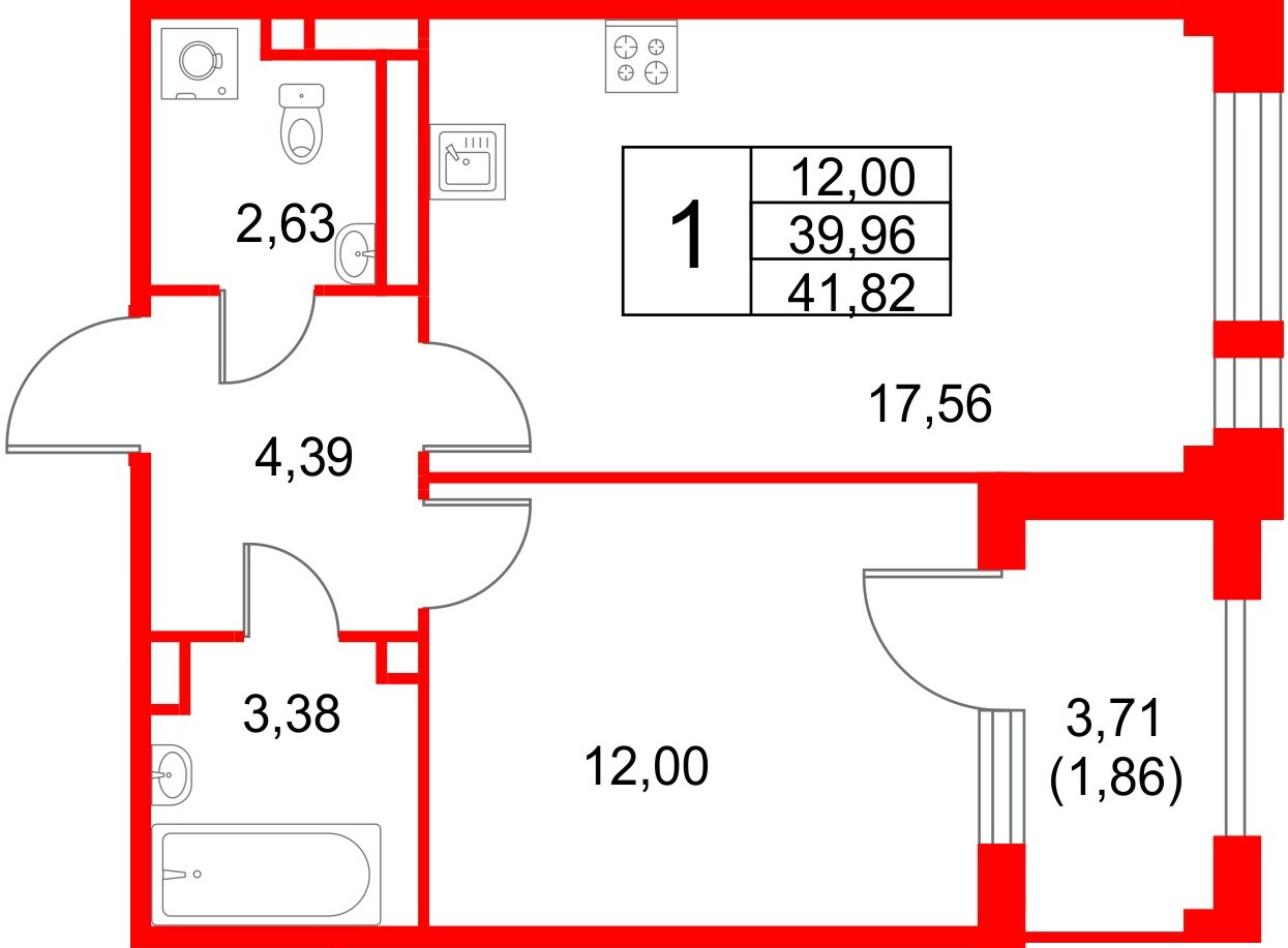 Квартира в ЖК Кронфорт, 1 комнатная, 41.82 м², 2 этаж