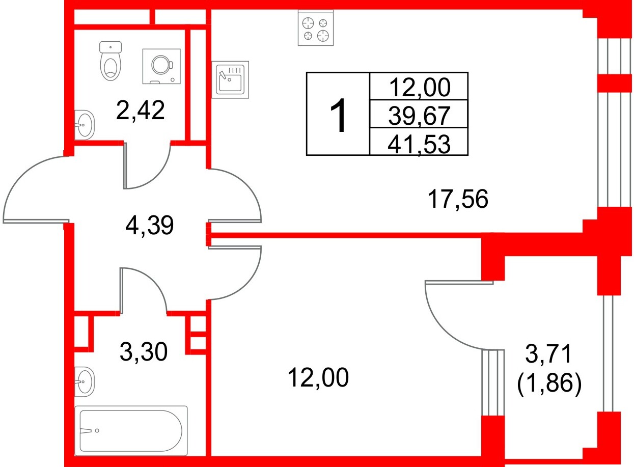 Квартира в ЖК Кронфорт, 1 комнатная, 41.53 м², 3 этаж
