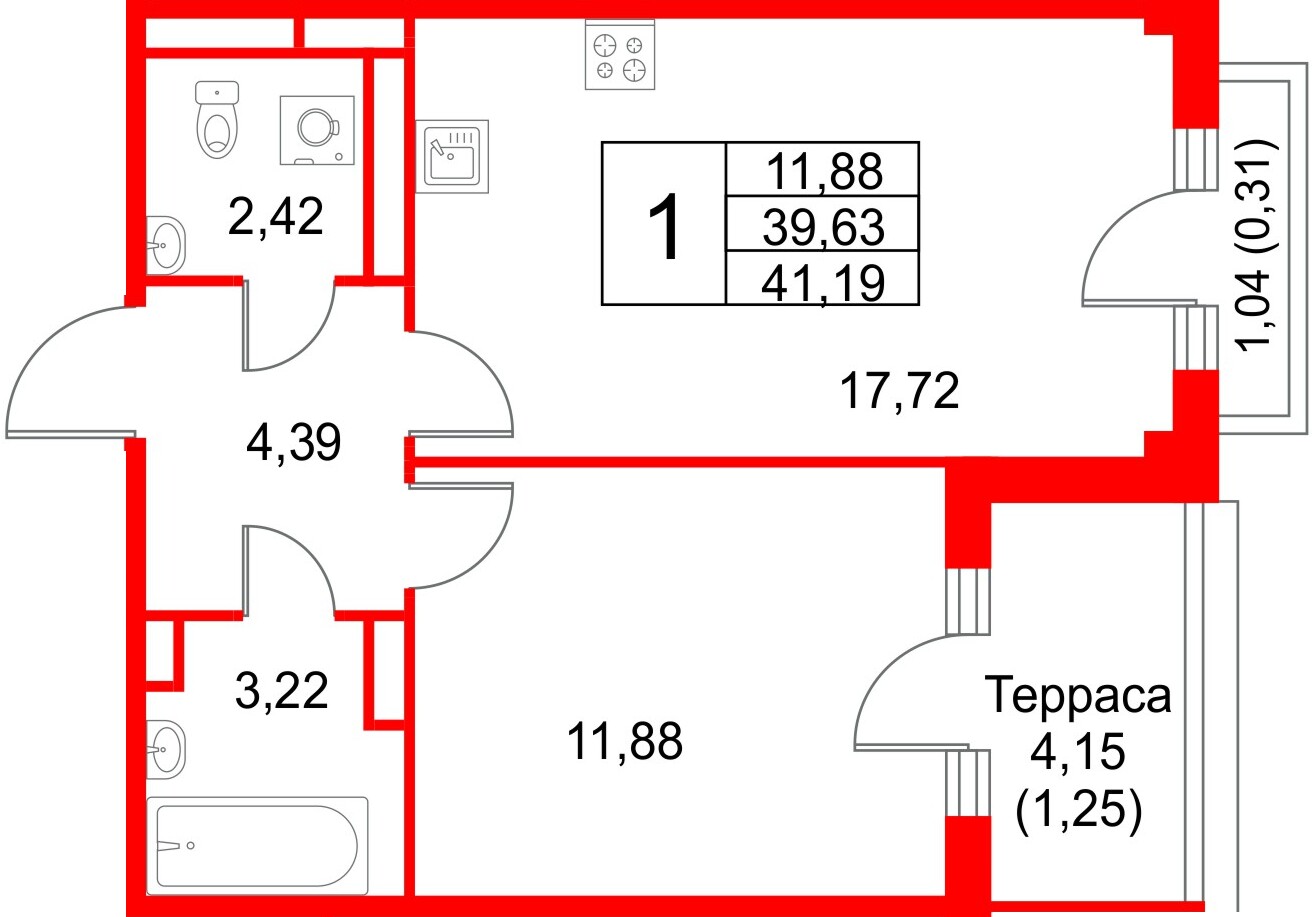Квартира в ЖК Кронфорт, 1 комнатная, 41.19 м², 4 этаж