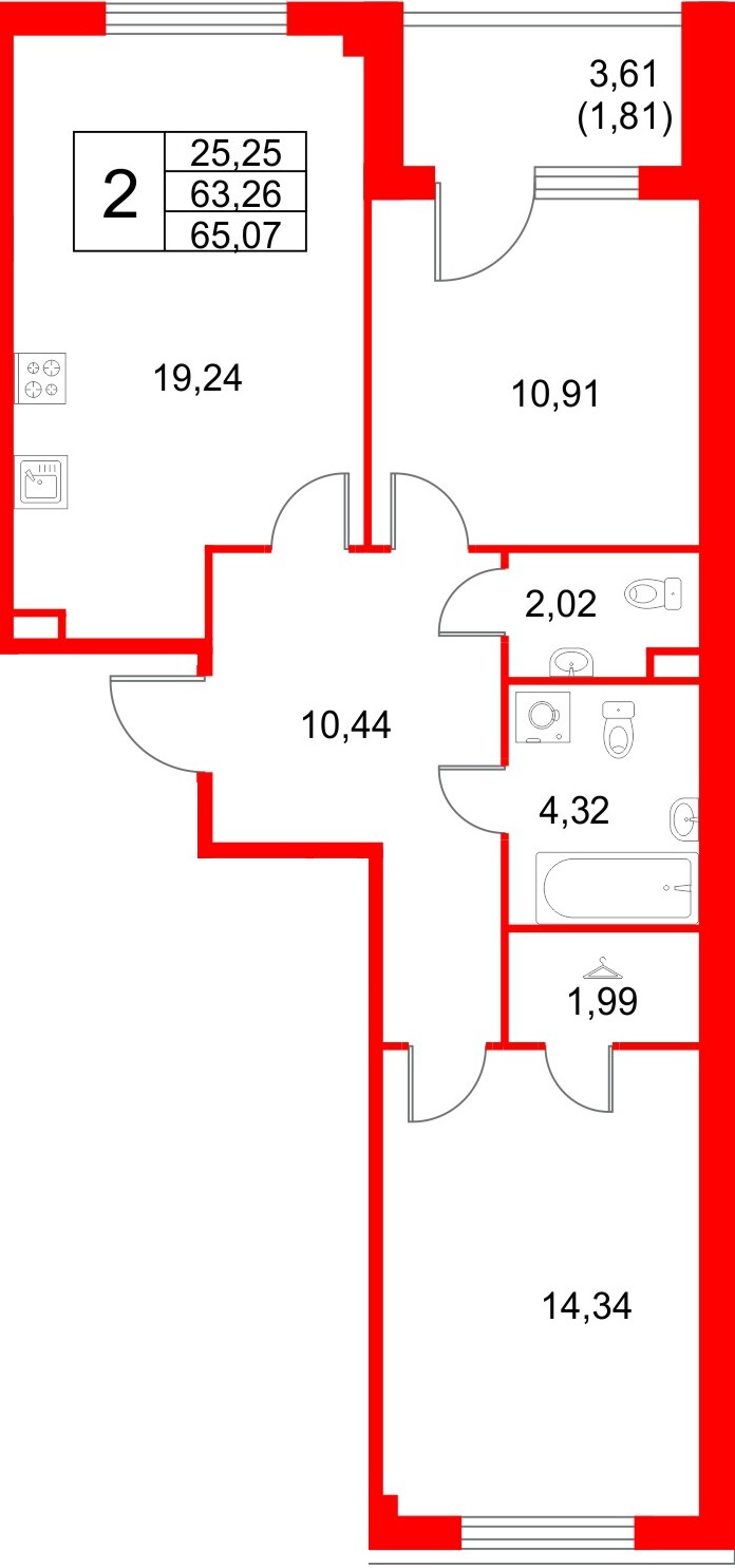 Квартира в ЖК Кронфорт, 2 комнатная, 65.07 м², 2 этаж
