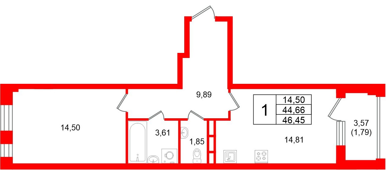 Квартира в ЖК Кронфорт, 1 комнатная, 46.45 м², 4 этаж