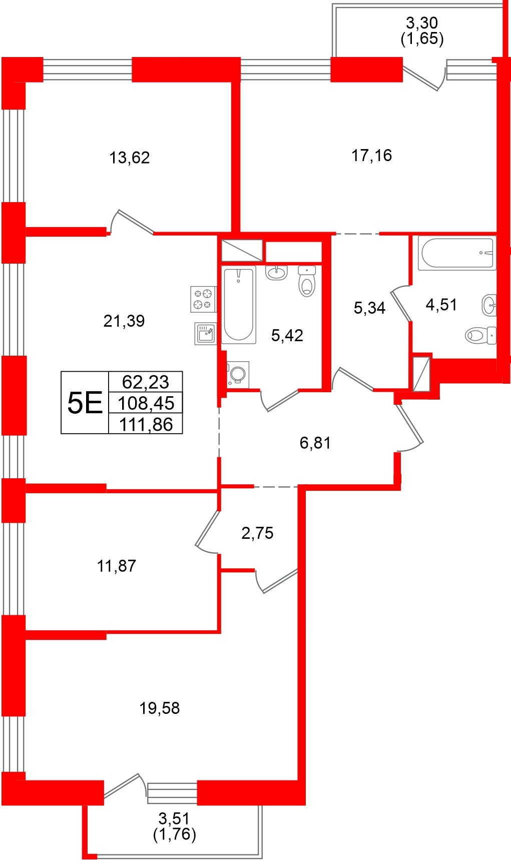 Квартира в ЖК «Юнтолово», 4 комнатная, 111.86 м², 9 этаж
