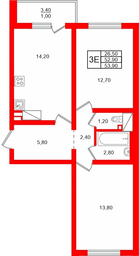 Квартира в ЖК 'Цветной город', 2 комнатная, 53.9 м², 20 этаж