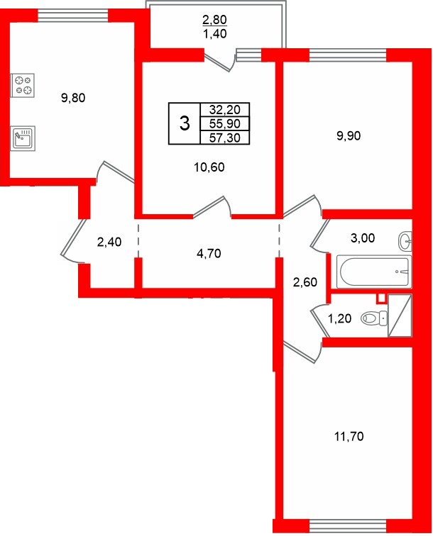 Квартира в ЖК 'Цветной город', 3 комнатная, 57.3 м², 12 этаж