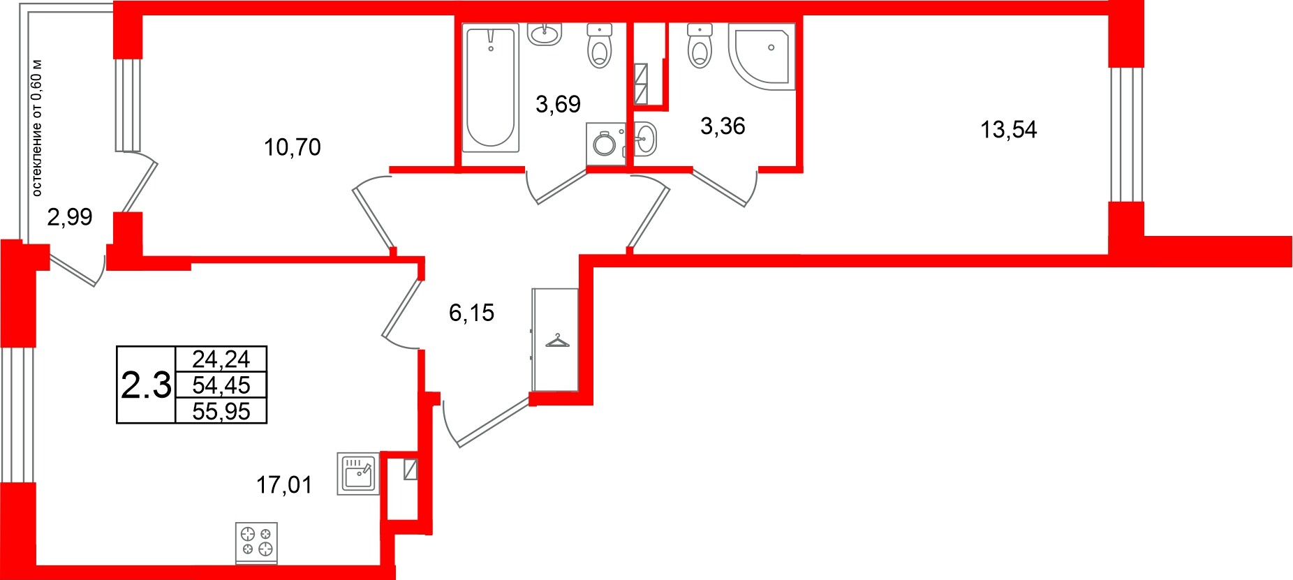 Квартира в ЖК Универ Сити, 2 комнатная, 54.45 м², 3 этаж
