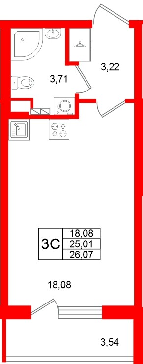 Квартира в ЖК «Универ Сити», студия, 25.01 м², 2 этаж