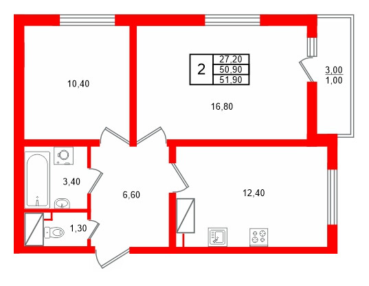 Квартира в ЖК 'Цветной город', 2 комнатная, 51.9 м², 13 этаж
