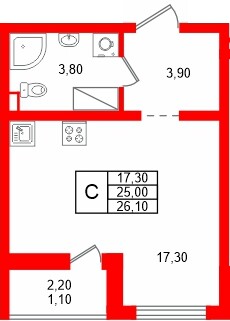 Квартира в ЖК «Цветной город», студия, 26.1 м², 25 этаж