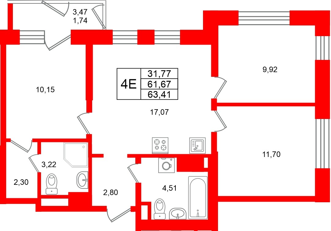 Квартира в ЖК Юнтолово, 3 комнатная, 63.41 м², 20 этаж