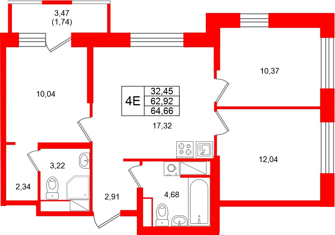 Квартира в ЖК Юнтолово, 3 комнатная, 64.66 м², 17 этаж
