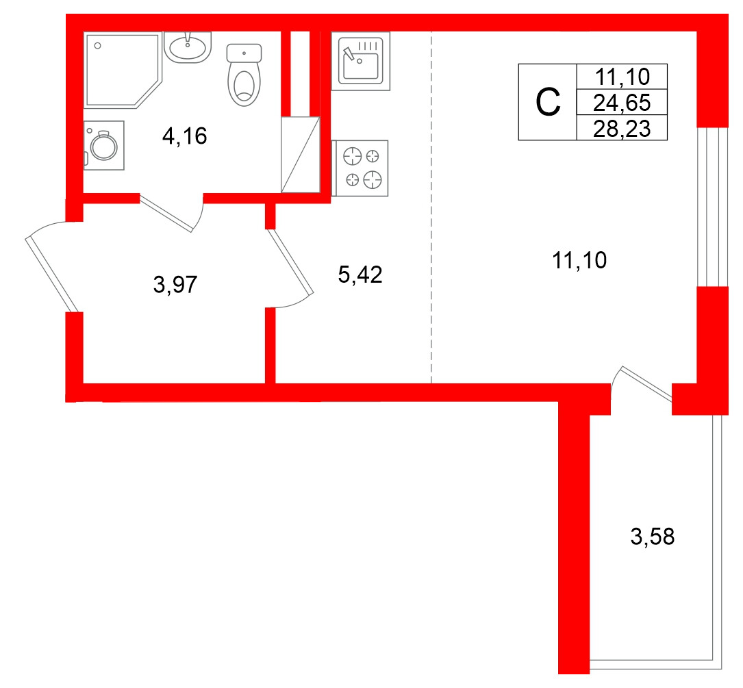 Квартира в ЖК Югтаун, студия, 28.23 м², 2 этаж