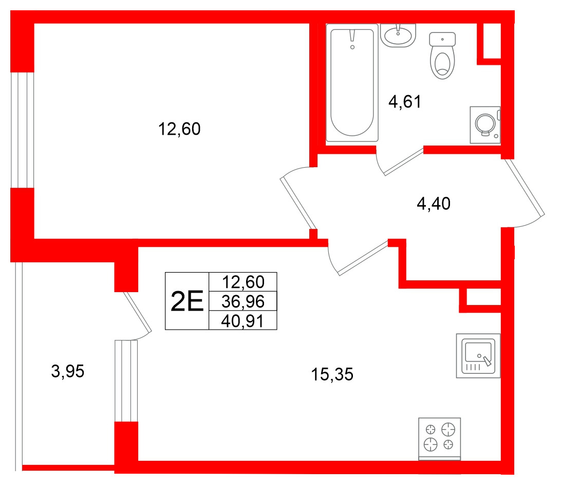 Квартира в ЖК Югтаун, 1 комнатная, 40.91 м², 1 этаж