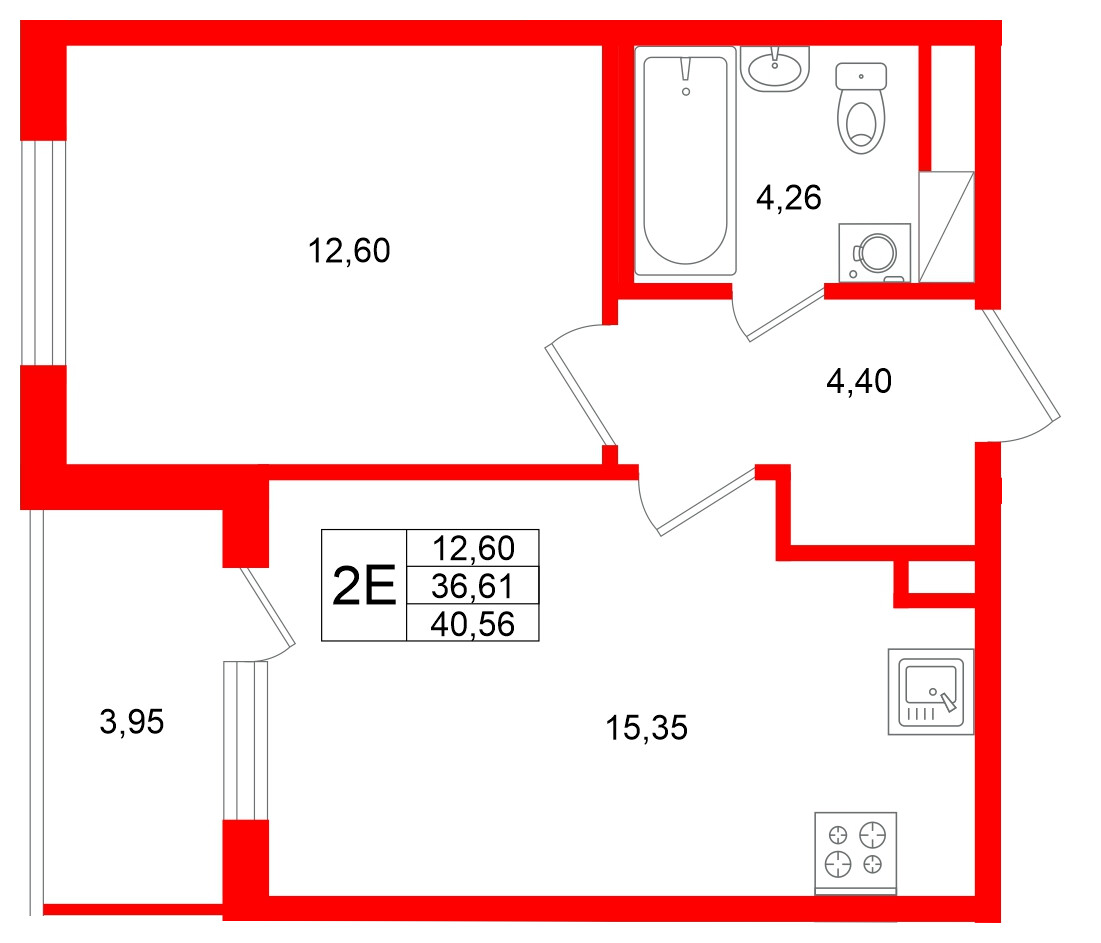 Квартира в ЖК Югтаун, 1 комнатная, 40.56 м², 4 этаж