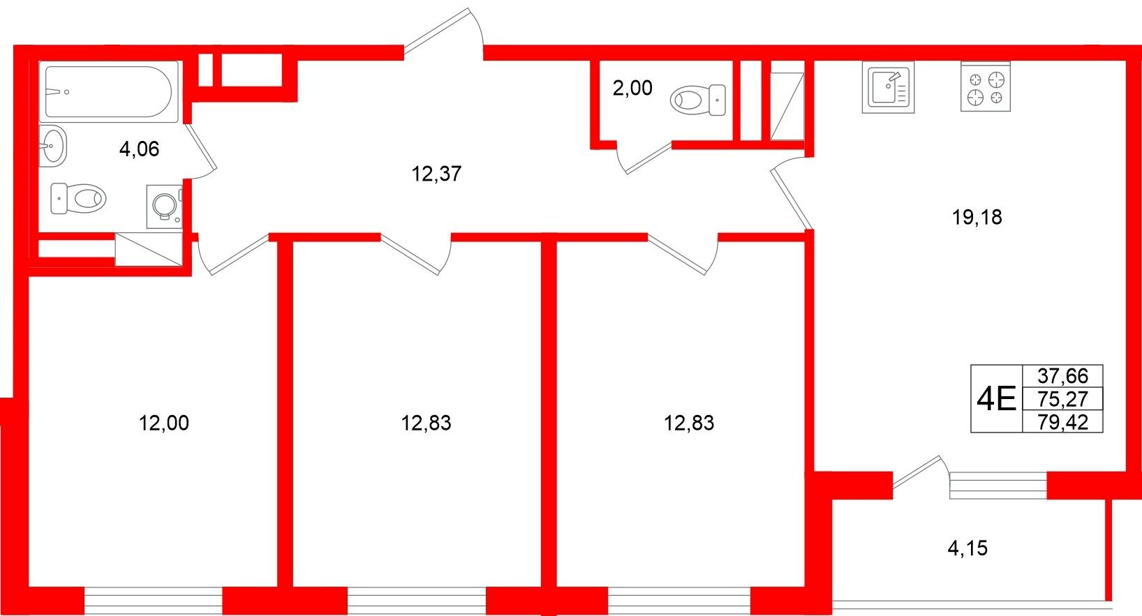 Квартира в ЖК «Югтаун», 3 комнатная, 79.42 м², 2 этаж