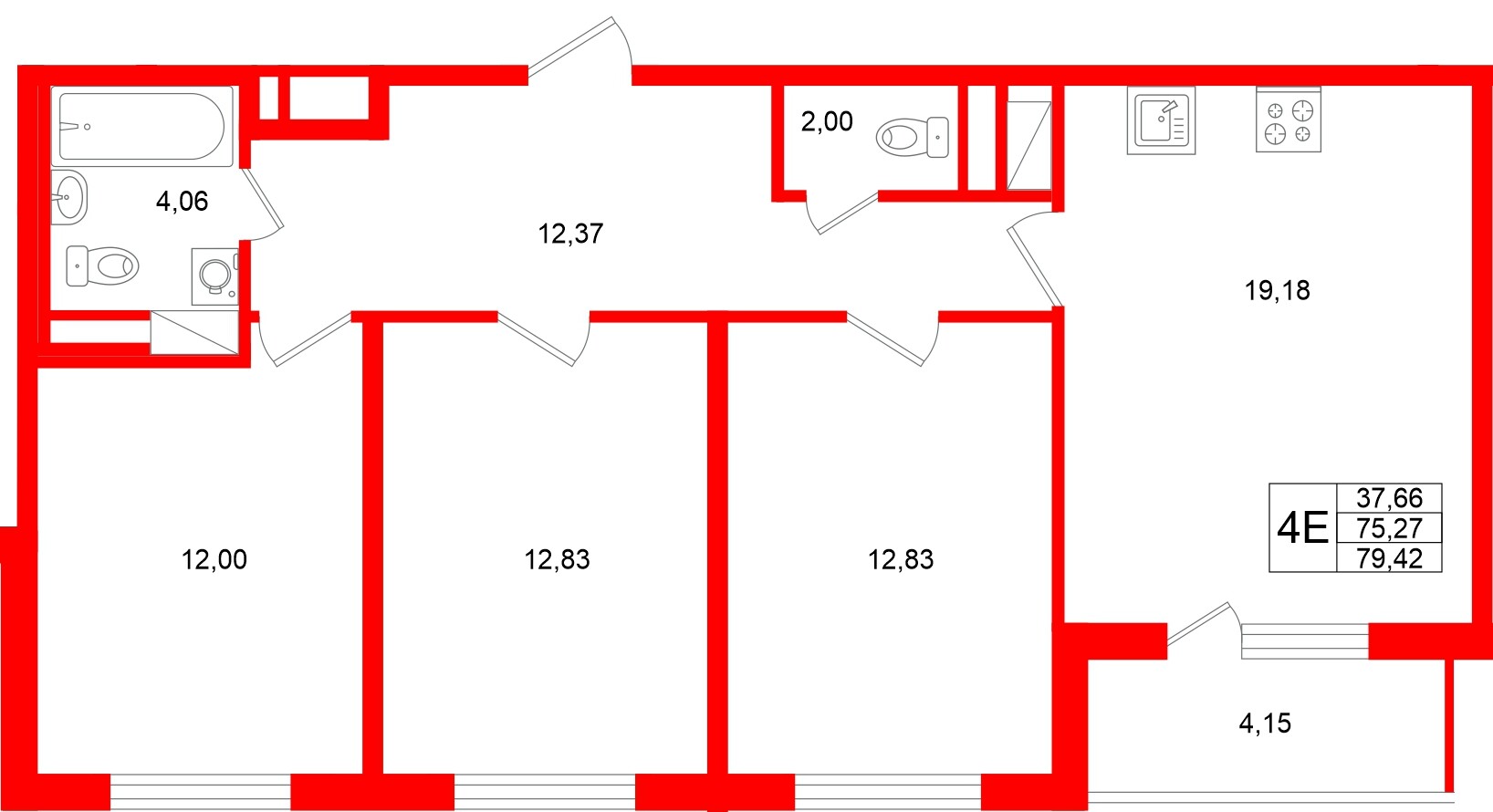 Квартира в ЖК «Югтаун», 3 комнатная, 79.42 м², 5 этаж