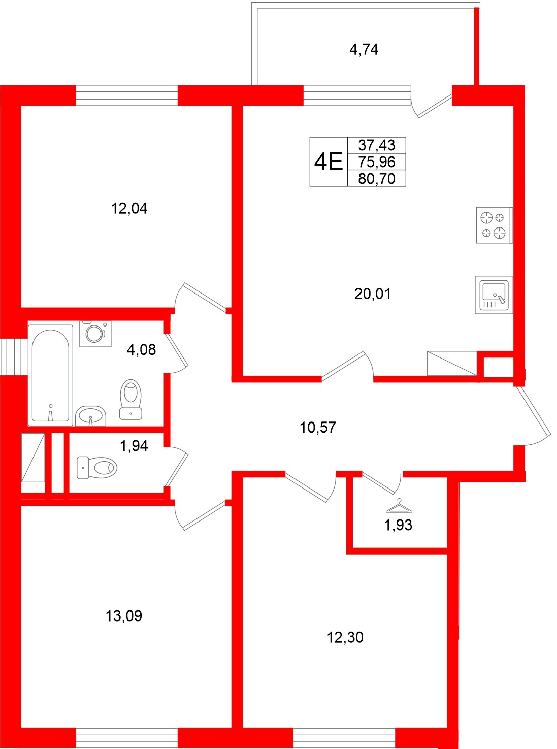 Квартира в ЖК «Югтаун», 3 комнатная, 80.7 м², 4 этаж