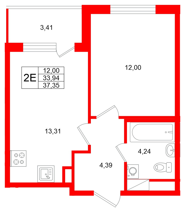 Квартира в ЖК Югтаун, 1 комнатная, 37.35 м², 3 этаж