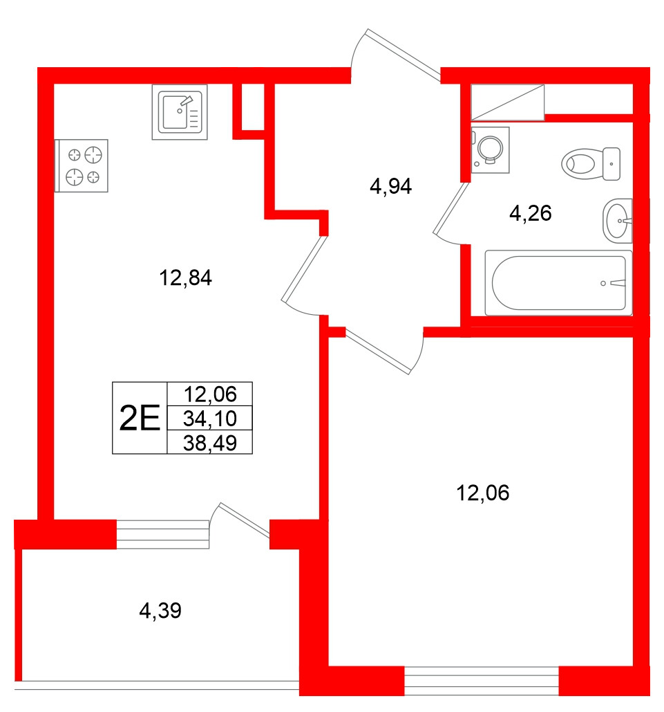 Квартира в ЖК Югтаун, 1 комнатная, 38.49 м², 4 этаж