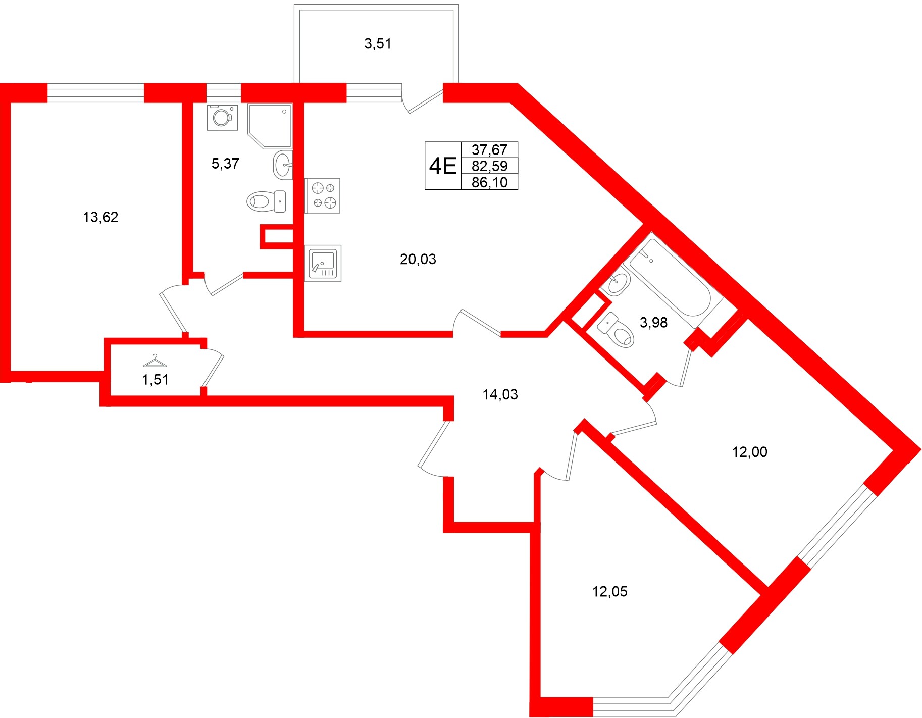 Квартира в ЖК «Югтаун», 3 комнатная, 86.1 м², 2 этаж