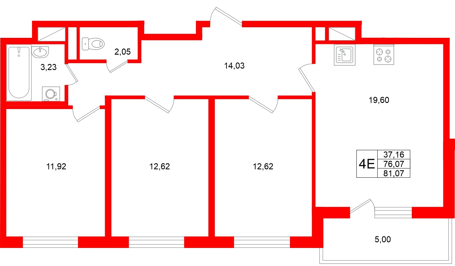 Квартира в ЖК «Югтаун», 3 комнатная, 81.07 м², 3 этаж
