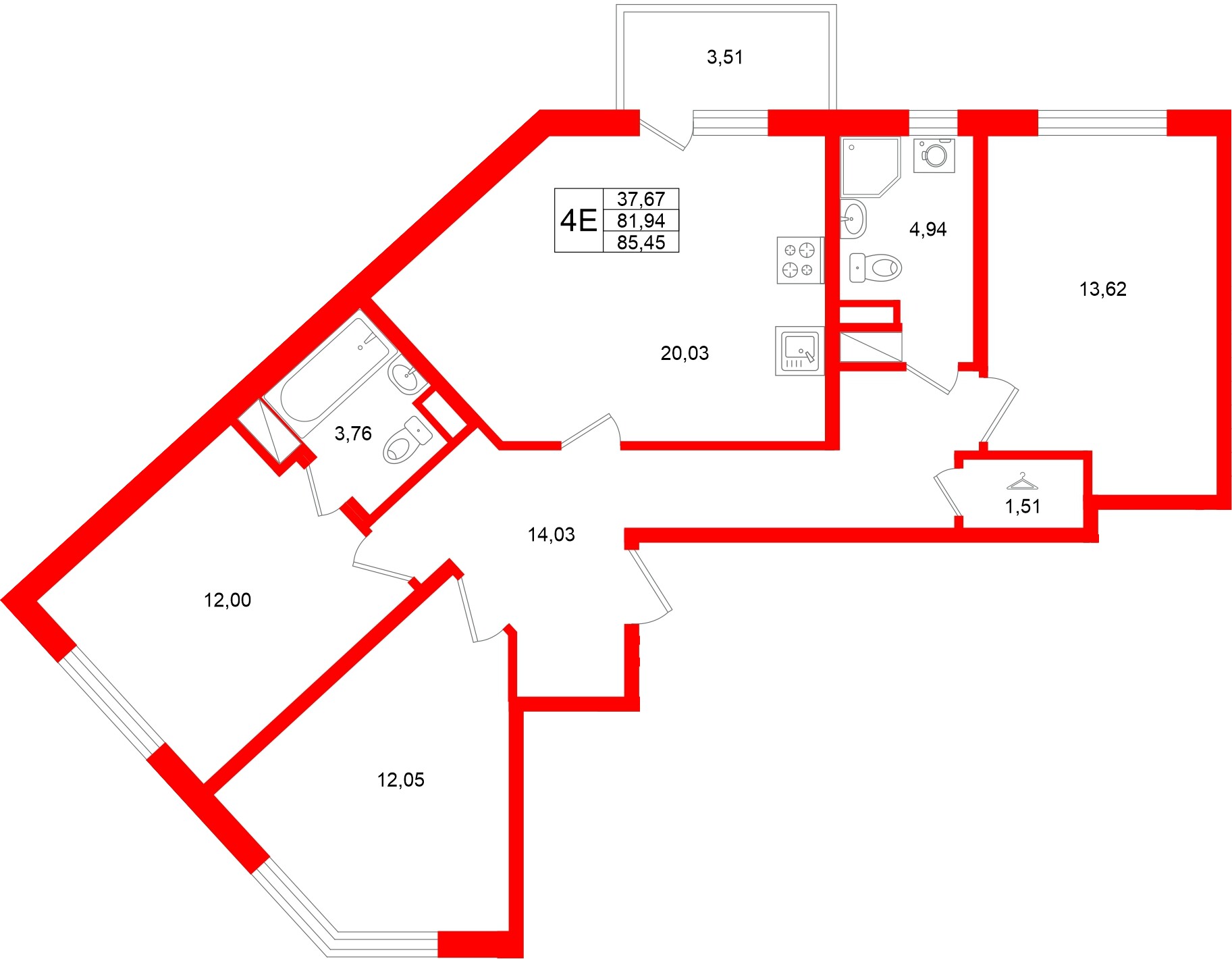 Квартира в ЖК «Югтаун», 3 комнатная, 85.45 м², 3 этаж