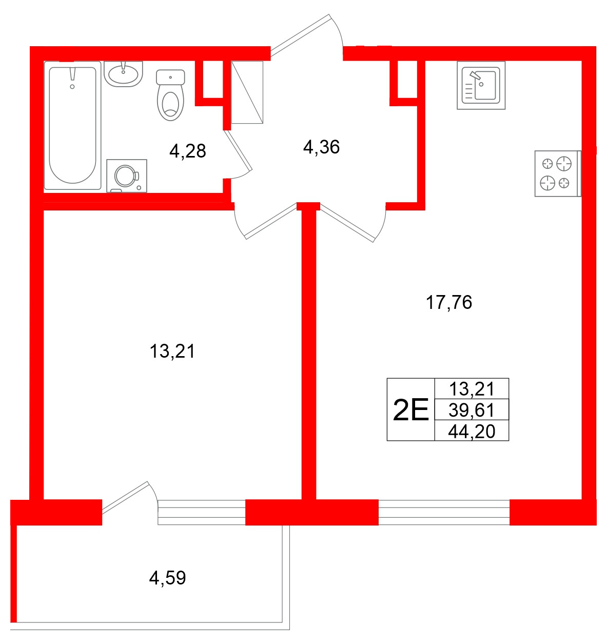 Квартира в ЖК Югтаун, 1 комнатная, 44.2 м², 5 этаж