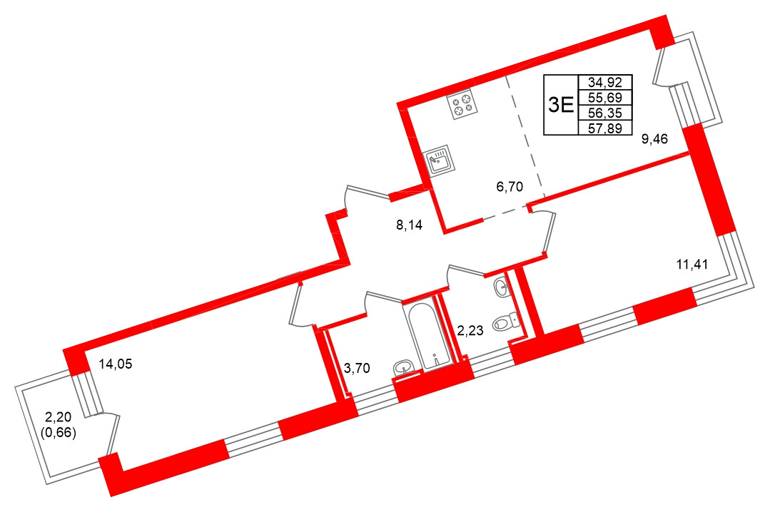 Квартира в ЖК Живи в Рыбацком, 2 комнатная, 56.35 м², 24 этаж