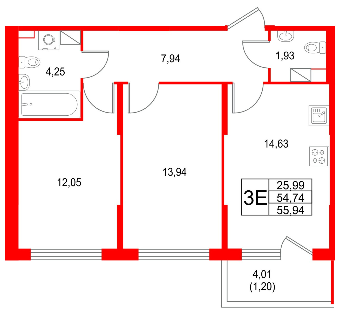 Квартира в ЖК Охтинские высоты, 2 комнатная, 55.94 м², 4 этаж