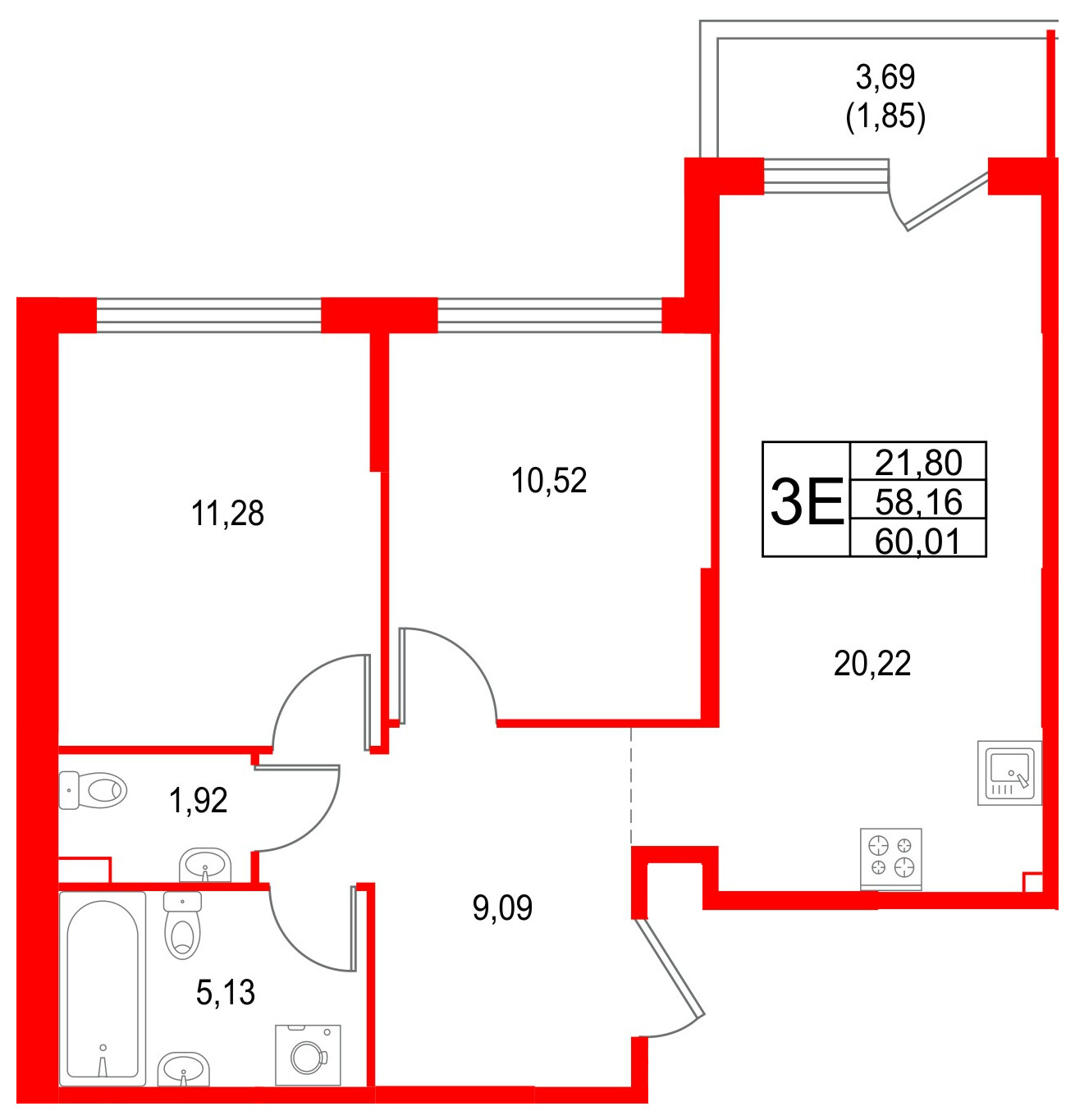 Квартира в ЖК Охтинские высоты, 2 комнатная, 60.01 м², 2 этаж