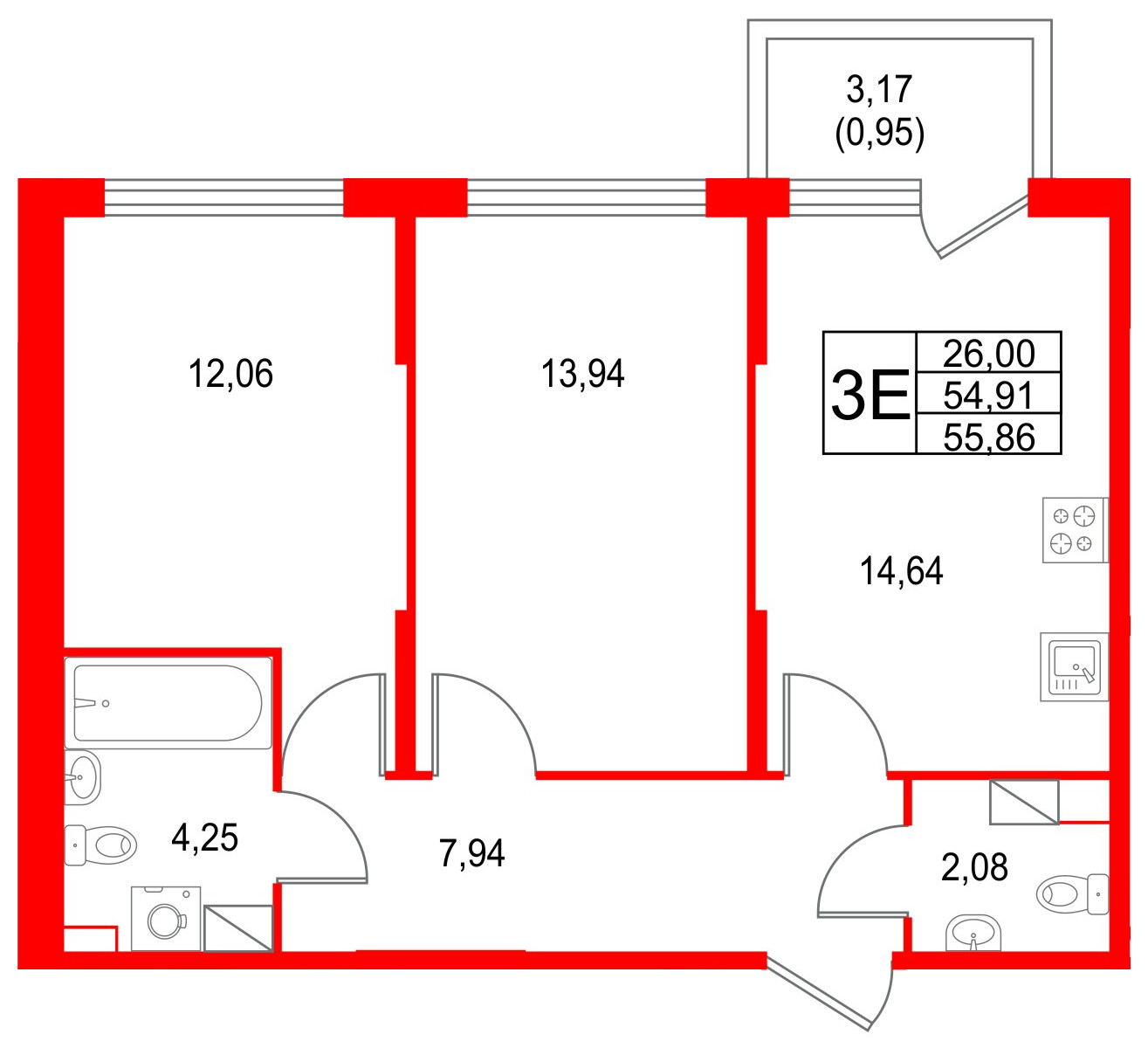 Квартира в ЖК Охтинские высоты, 2 комнатная, 55.86 м², 4 этаж