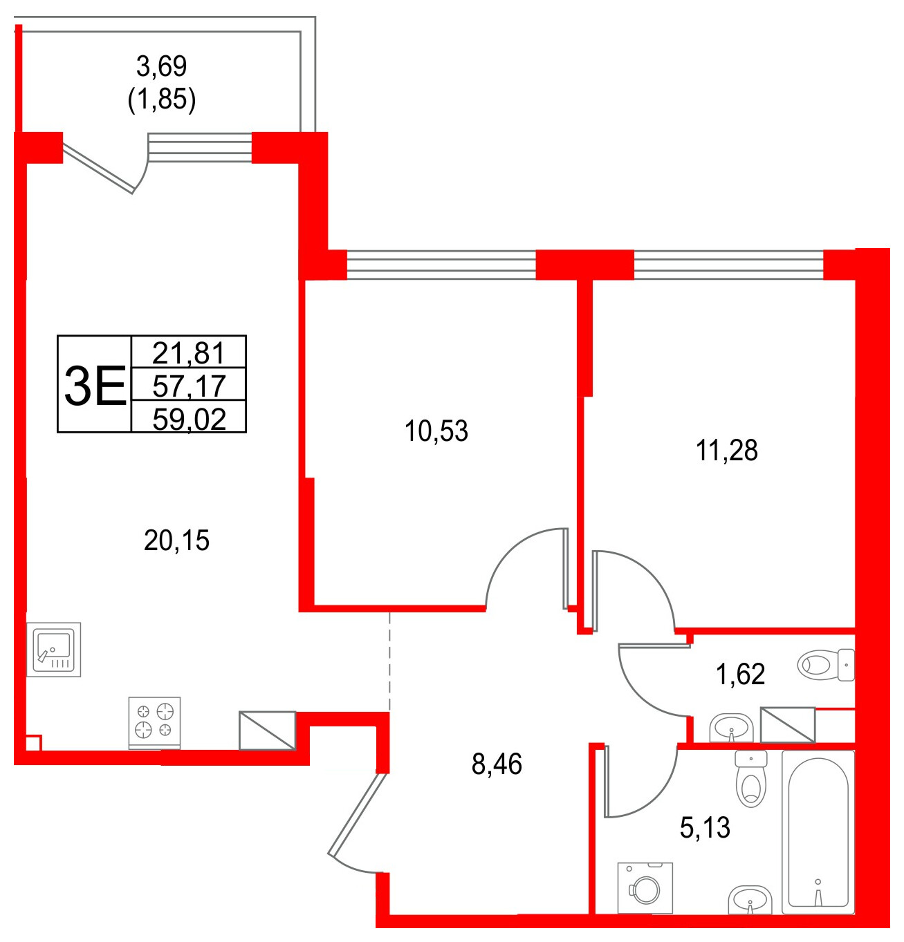 Квартира в ЖК Охтинские высоты, 2 комнатная, 59.03 м², 3 этаж