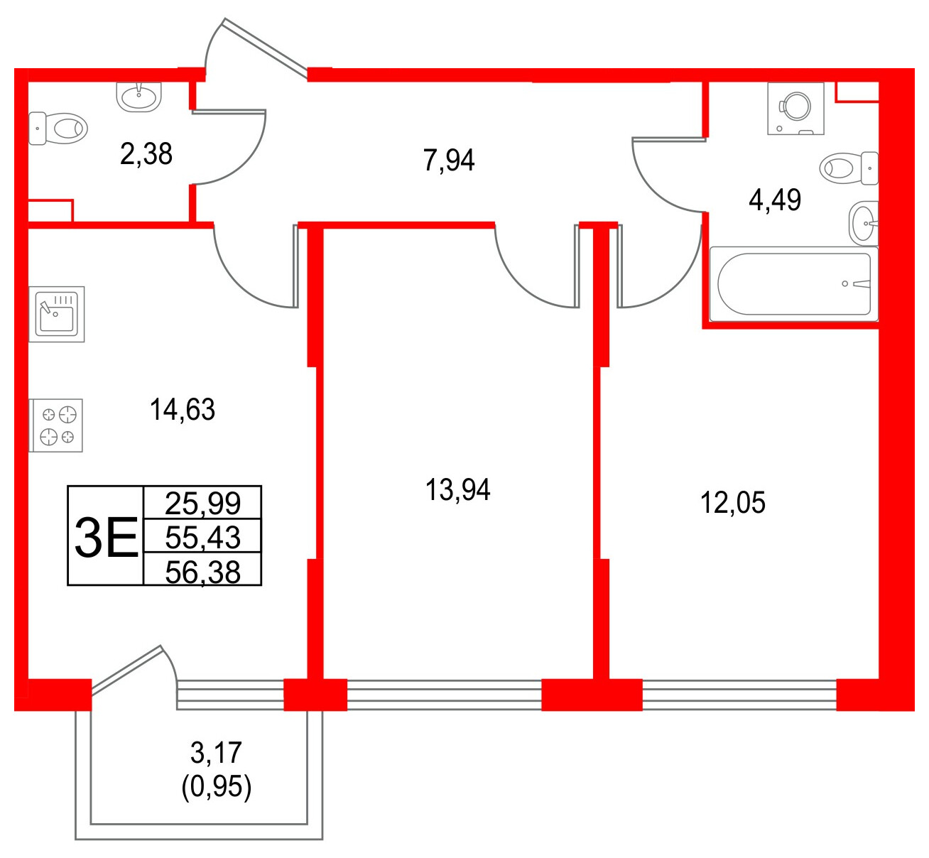 Квартира в ЖК Охтинские высоты, 2 комнатная, 56.38 м², 2 этаж