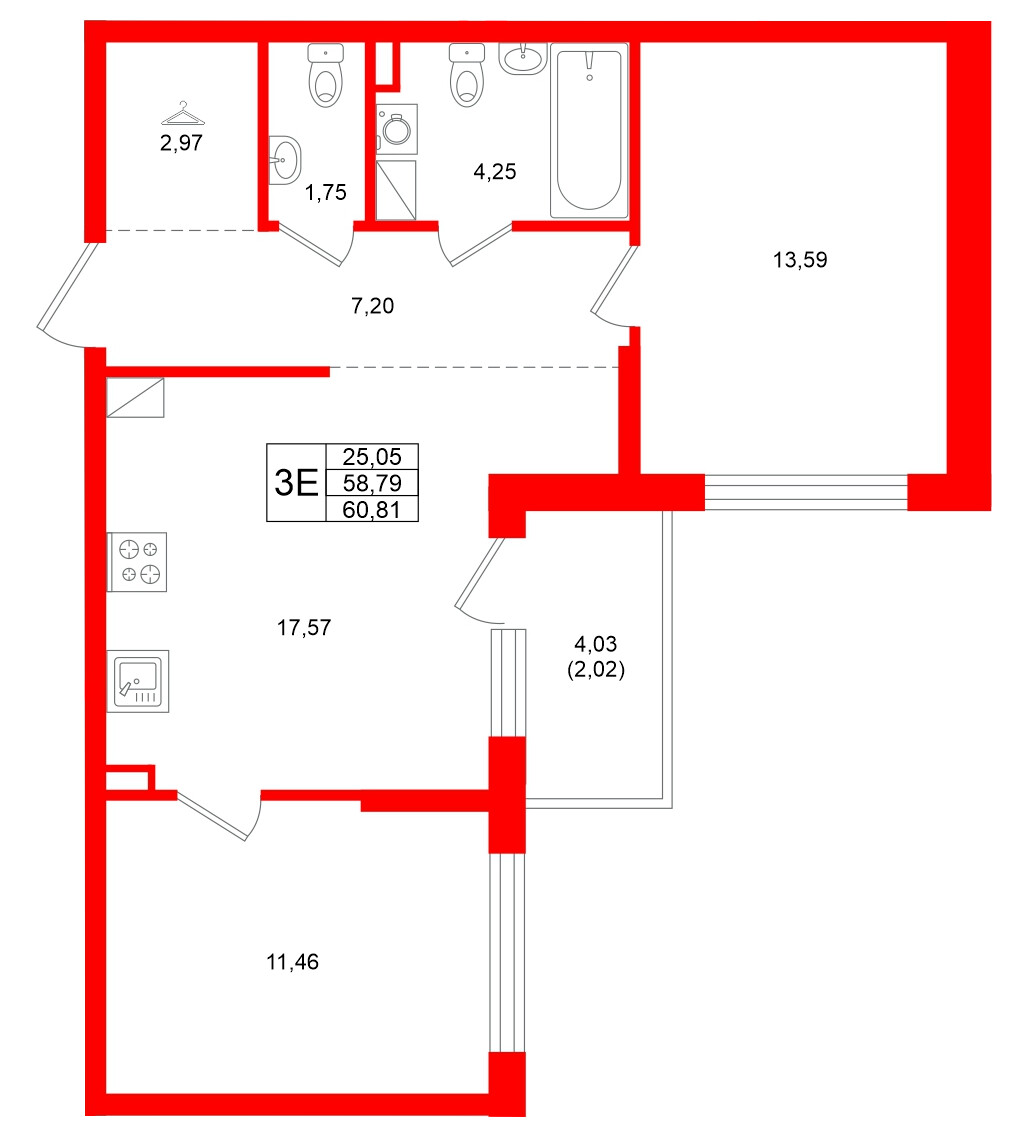Квартира в ЖК Охтинские высоты, 2 комнатная, 60.81 м², 4 этаж
