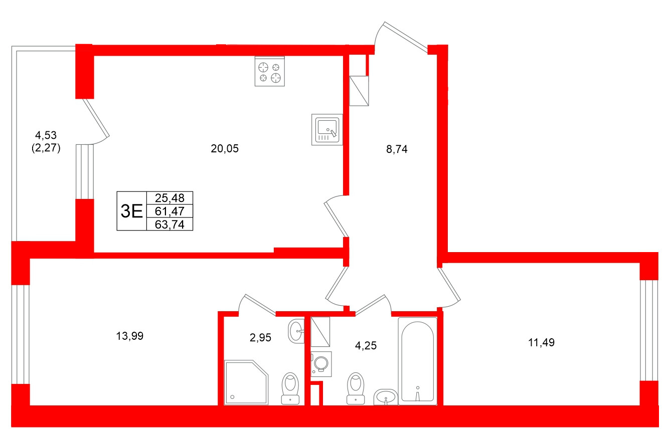 Квартира в ЖК Охтинские высоты, 2 комнатная, 63.74 м², 4 этаж