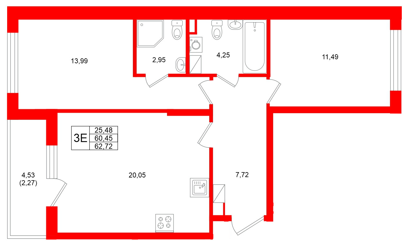Квартира в ЖК Охтинские высоты, 2 комнатная, 62.72 м², 3 этаж