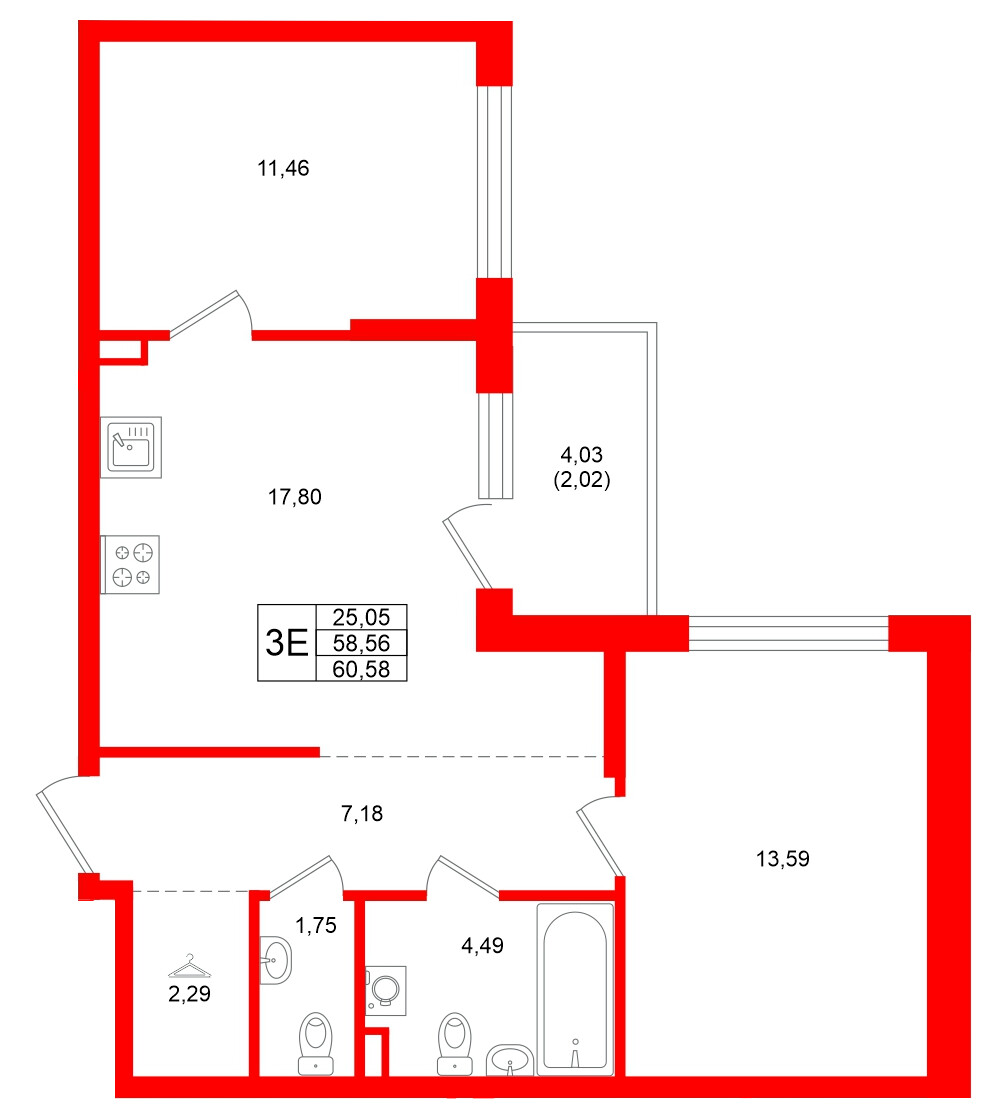 Квартира в ЖК Охтинские высоты, 2 комнатная, 60.58 м², 2 этаж
