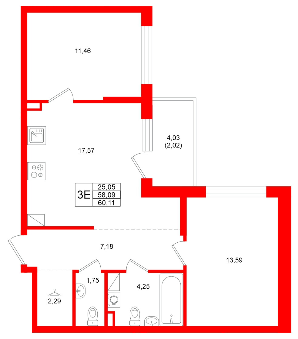 Квартира в ЖК Охтинские высоты, 2 комнатная, 60.11 м², 3 этаж