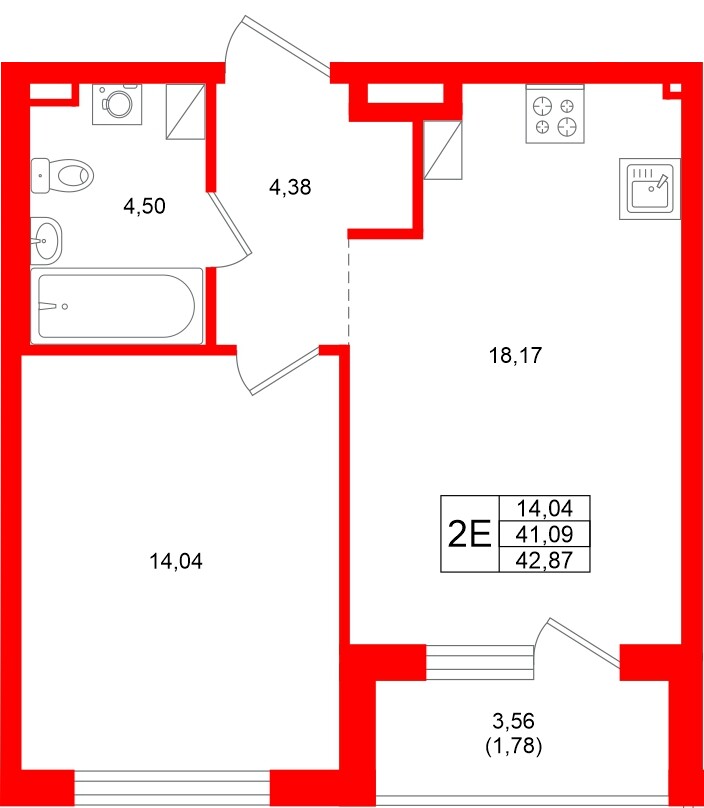 Квартира в ЖК «Охтинские высоты», 1 комнатная, 42.87 м², 4 этаж