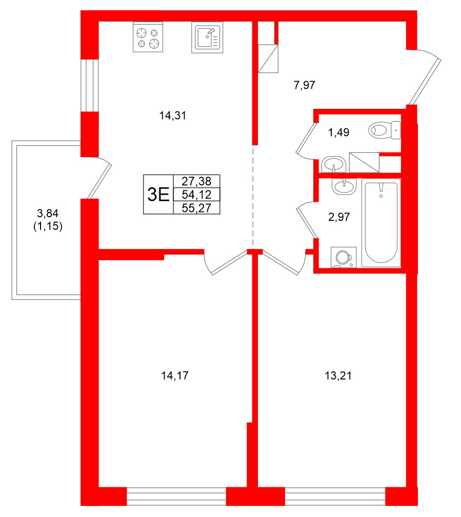 Квартира в ЖК Охтинские высоты, 2 комнатная, 55.27 м², 4 этаж