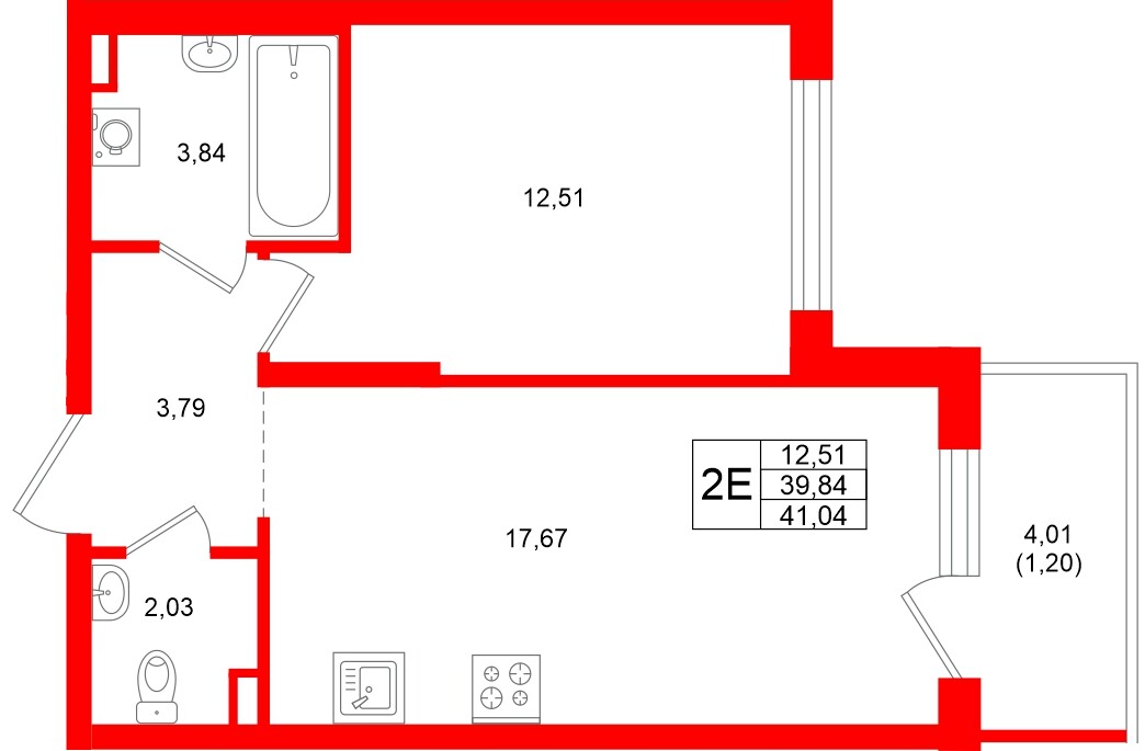 Квартира в ЖК «Охтинские высоты», 1 комнатная, 41.04 м², 2 этаж