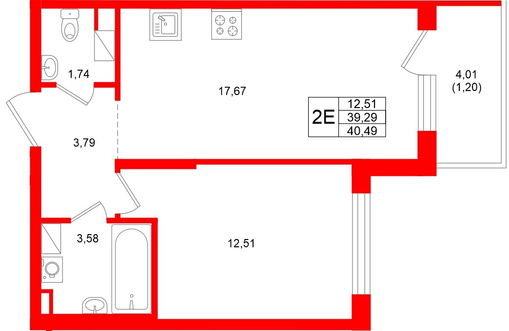 Квартира в ЖК «Охтинские высоты», 1 комнатная, 40.49 м², 4 этаж