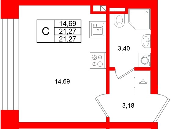 Планировка — Студия квартира, 21,3 м² в ЖК «Аристократ»