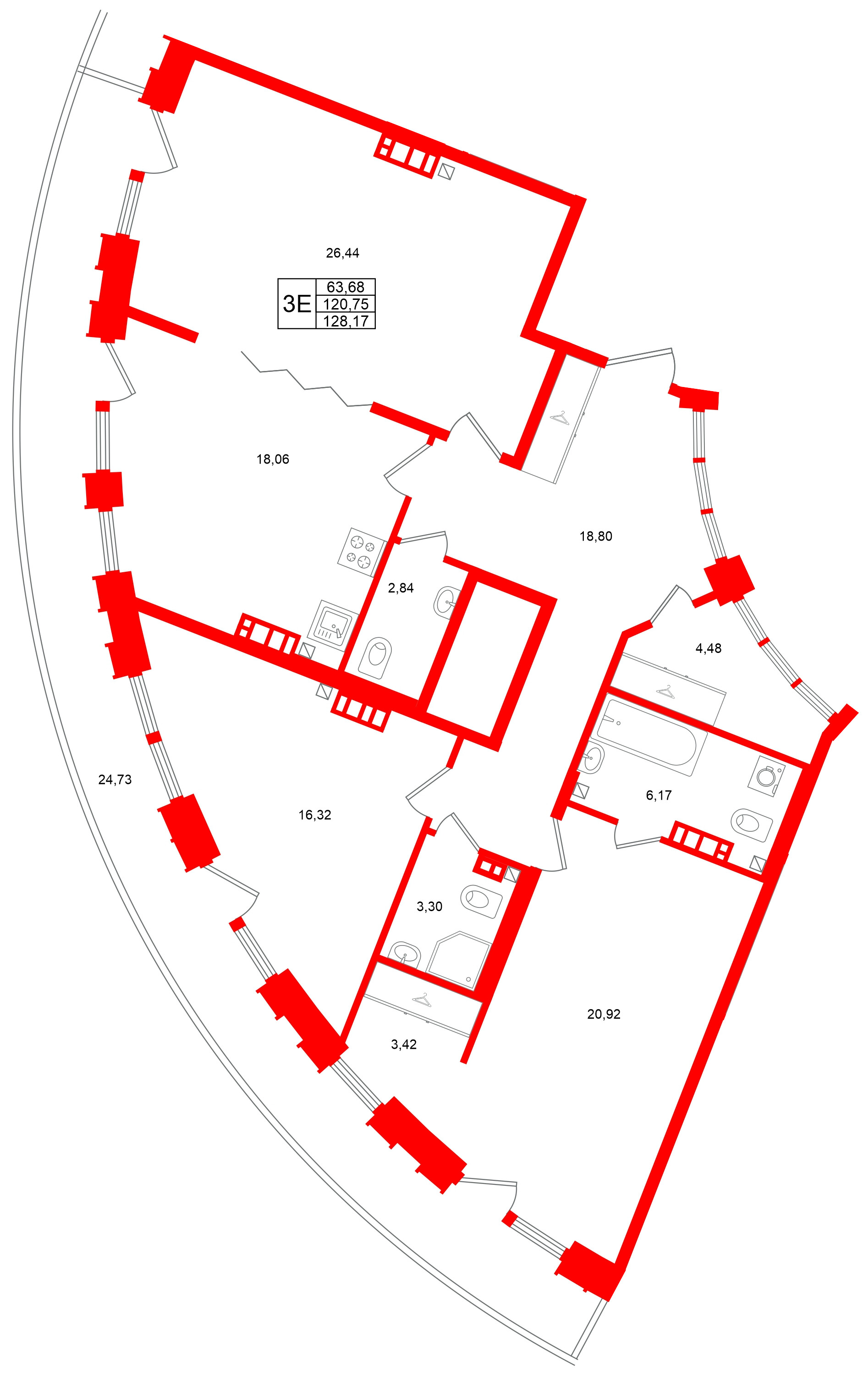 Квартира в ЖК Аристократ, 3 комнатная, 120.75 м², 7 этаж